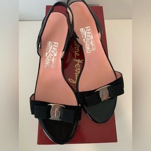 Salvatore Ferragamo Black Patent Leather Kitten Heel Sandals